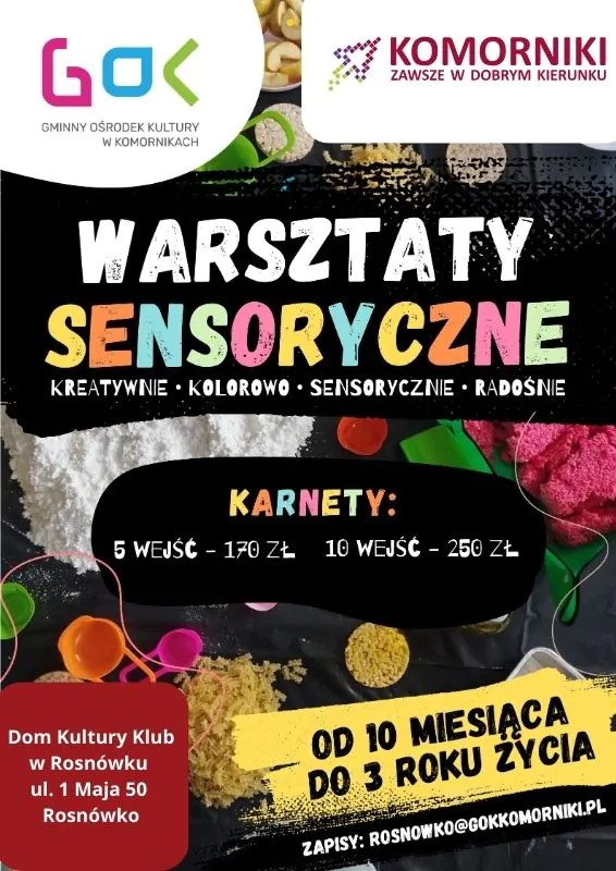 Plakat informujący o&nbsp;Warsztatach sensorycznych dla dzieci  w&nbsp;Domu Kultury w&nbsp;Rosn&oacute;wku